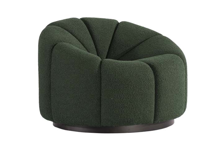 Dark Green Channel-Tufted Boucle Swivel Barrel Accent Chair
