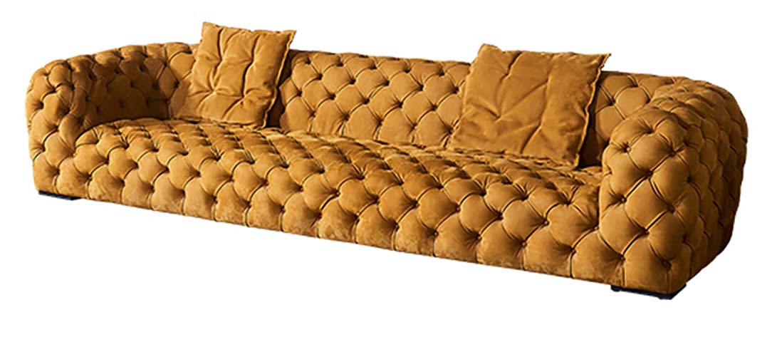 Mustard Velvet Full Diamond Tufted 4-Seater Low-Profile Sofa