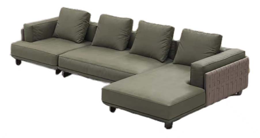 Olive Green Right-Chaise L-Shaped Sectional Sofa with Woven Side Accent