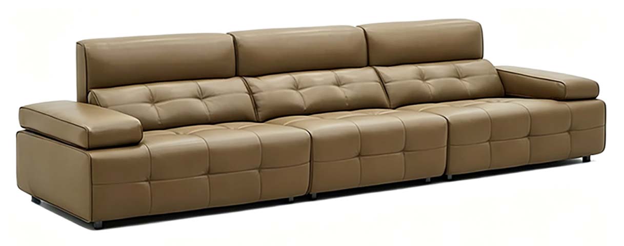 Tan Grid-Tufted Modular 4-Seat Leather Sofa