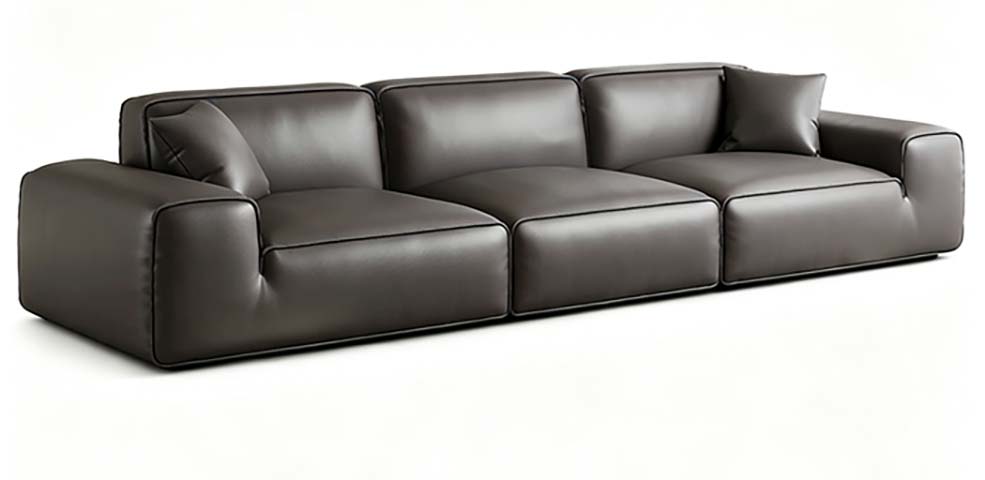 Low-Profile Block Dark Leather Three-Seat Sofa