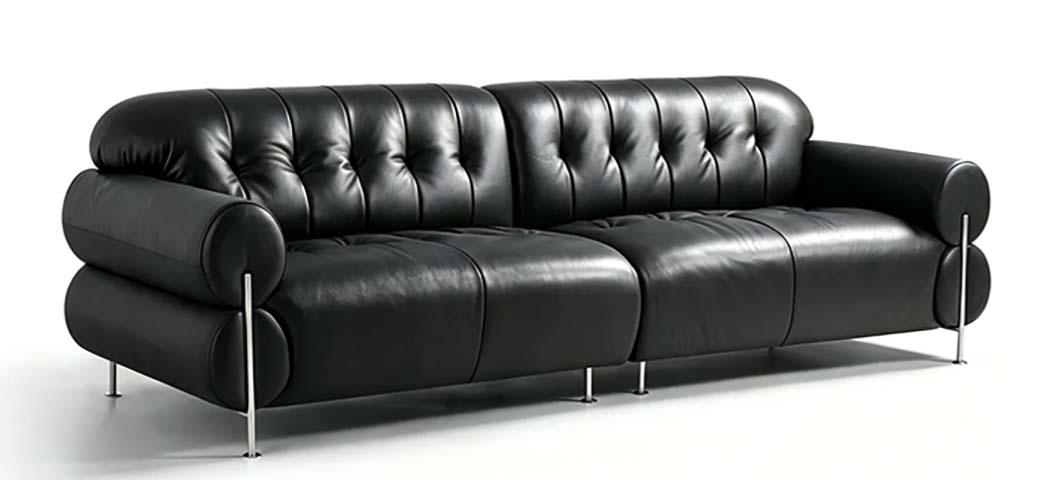 Black Channel-Tufted Three-Seater Sofa with Cylindrical Rolled Arms and Chrome Metal Legs