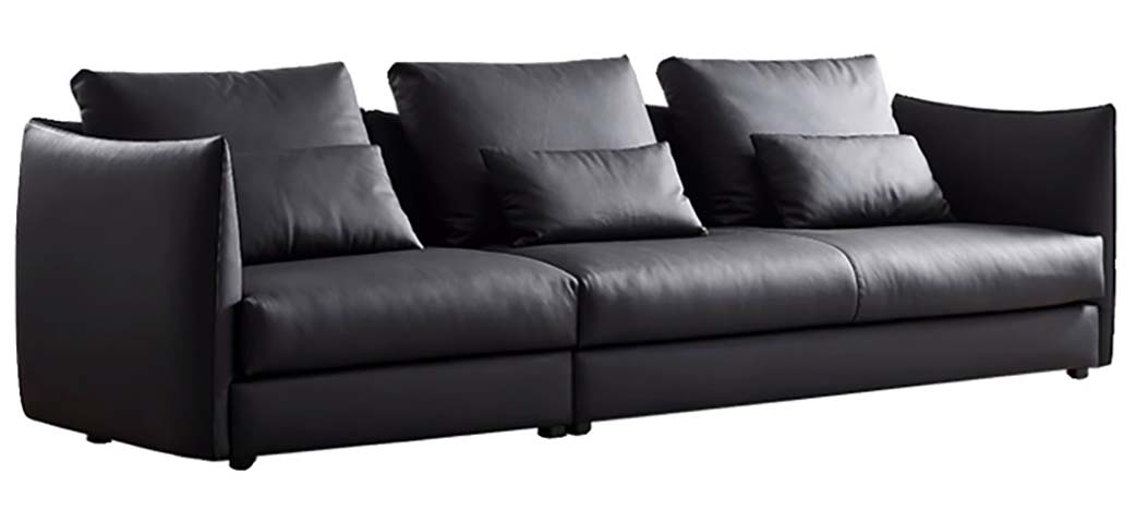 Matte Black Upholstered Three-Seat Sofa with Wide Flared Armrests