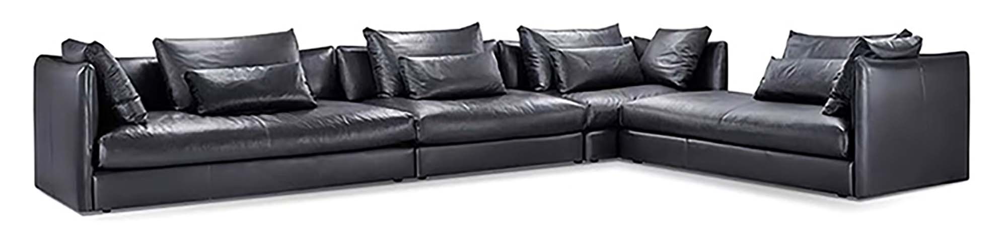 Modular L-Shaped Black Leather Sectional Sofa