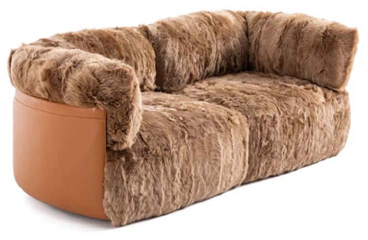 Curved Two-Seat Plush Faux Fur Loveseat with Tan Leatherette End Panel