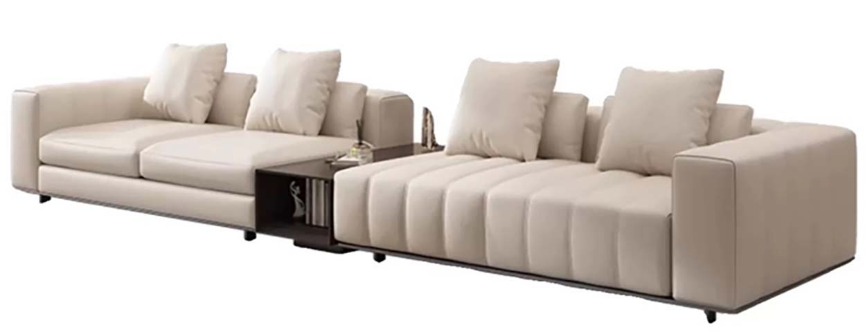 Beige Fabric Modular Sectional Sofa with Integrated Dark Wood Side Table