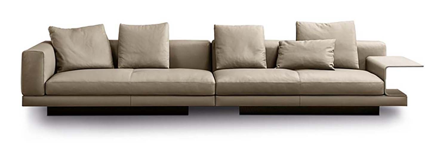 Low-Profile Taupe Upholstered 4-Seater Sofa with Integrated Cantilever Side Shelf