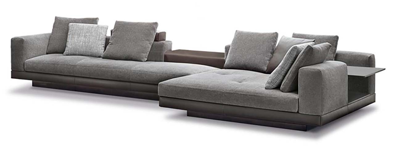 Grey Fabric Low-Plinth Modular L-Shaped Sectional Sofa with Integrated Side Table