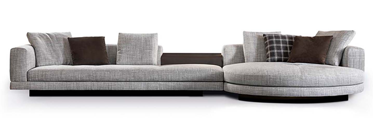 Light Grey Woven Fabric Asymmetrical Curved Sectional Sofa with Integrated Dark Console Table