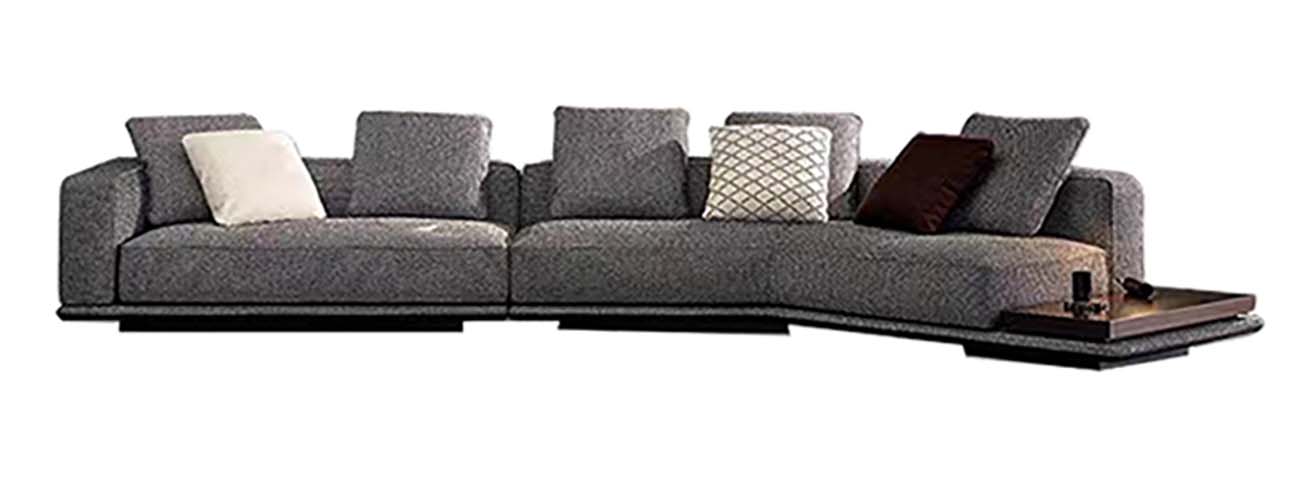 Low-Profile Grey Woven Curved Sectional Sofa with Integrated Dark Wood Side Tray