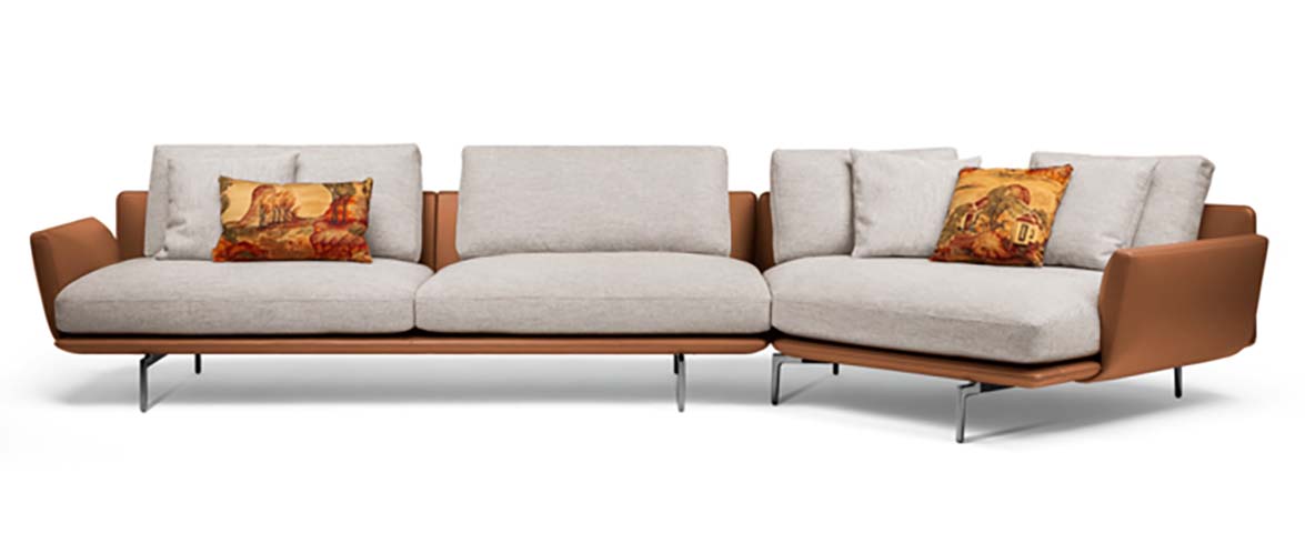 Two-Tone Curved Modular Sectional Sofa, Light Grey Fabric Cushions Brown Faux Leather Frame Chrome Legs