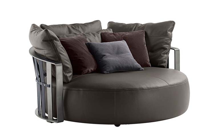 Oversized Dark Leather Round Swivel Lounge Chair with Brushed Metal Open Armrests