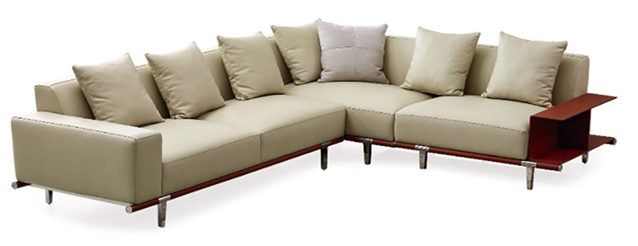 Modern L-Shaped Sectional Sofa with Integrated Wood End Shelf