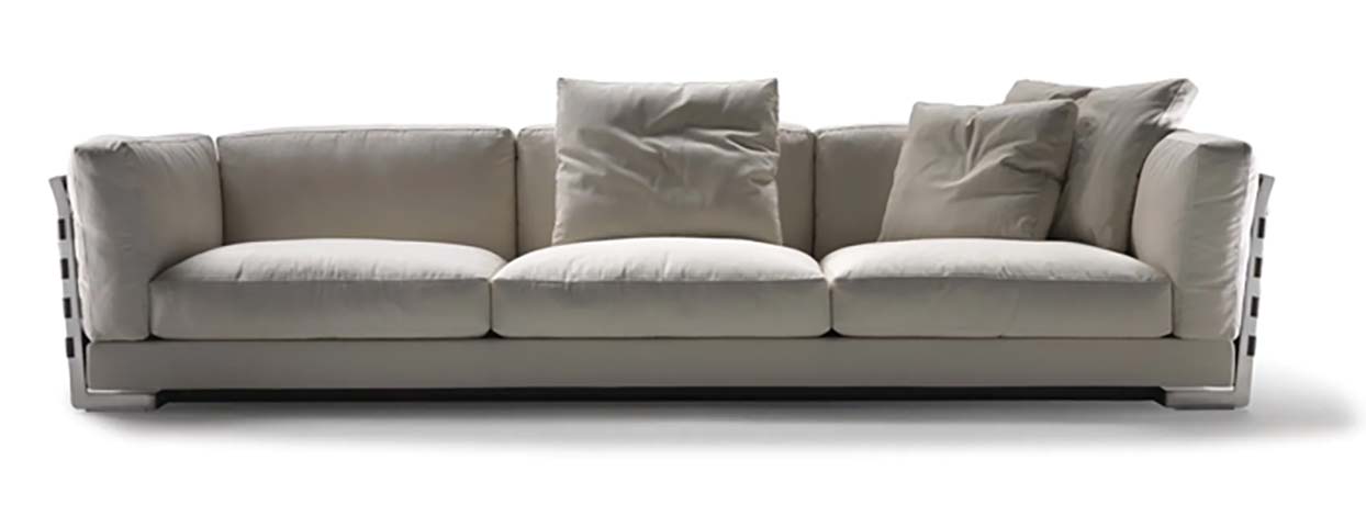 Modern Off-White Fabric 3-Seat Sofa with Brushed Metal Cutout Side Frames