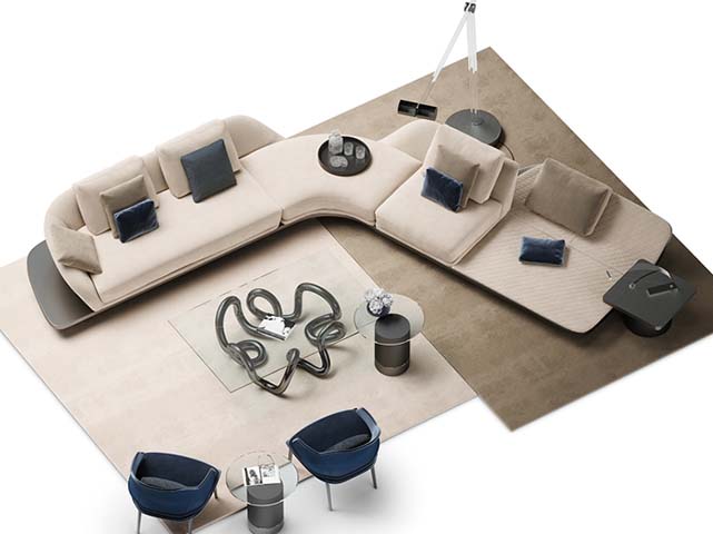 Light Beige Curved Modular Sectional Sofa with Right Chaise and Dark Accent Panels