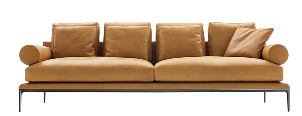 Contemporary Tan Upholstered Four-Seat Sofa with Cylindrical Bolster Arms and Slim Black Metal Frame