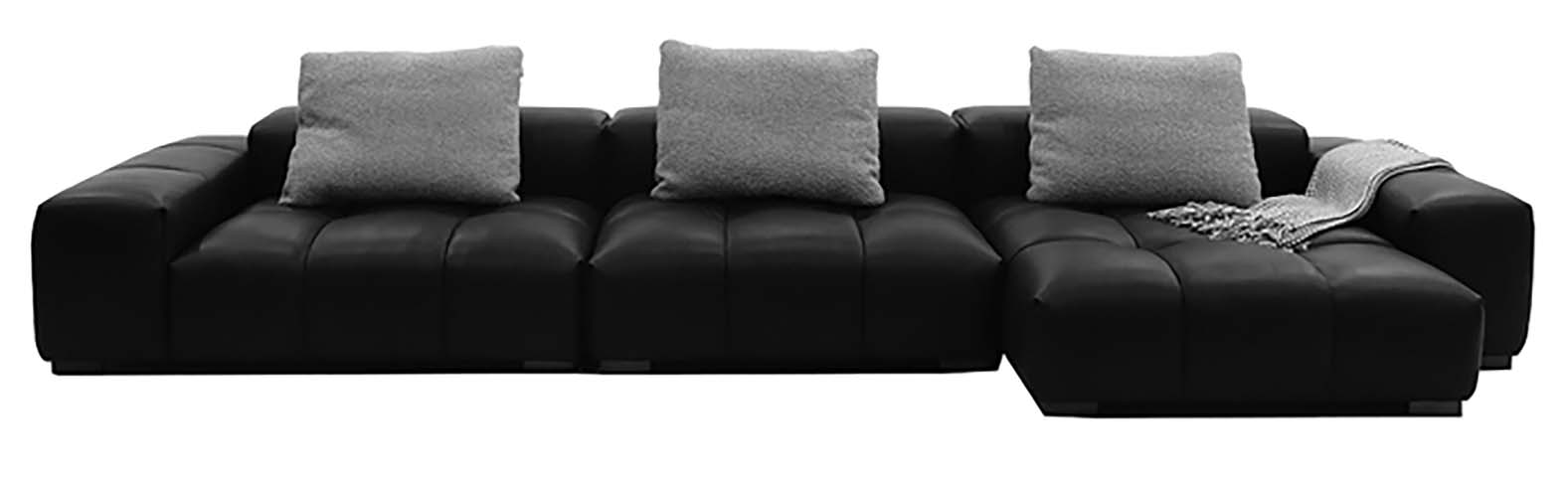 Black Low-Profile Grid-Quilted L-Shaped Right-Chaise Modular Sectional Sofa