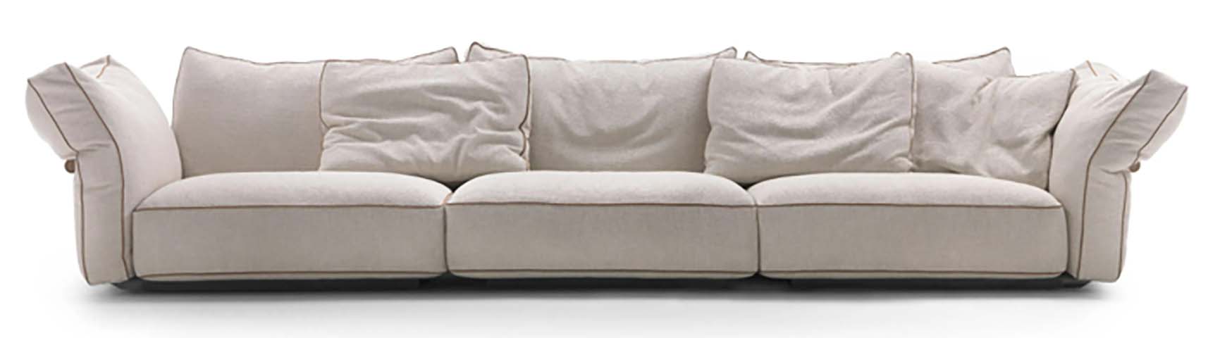 Low-Profile Beige Woven Fabric Three-Seat Sofa with Contrast Brown Piping