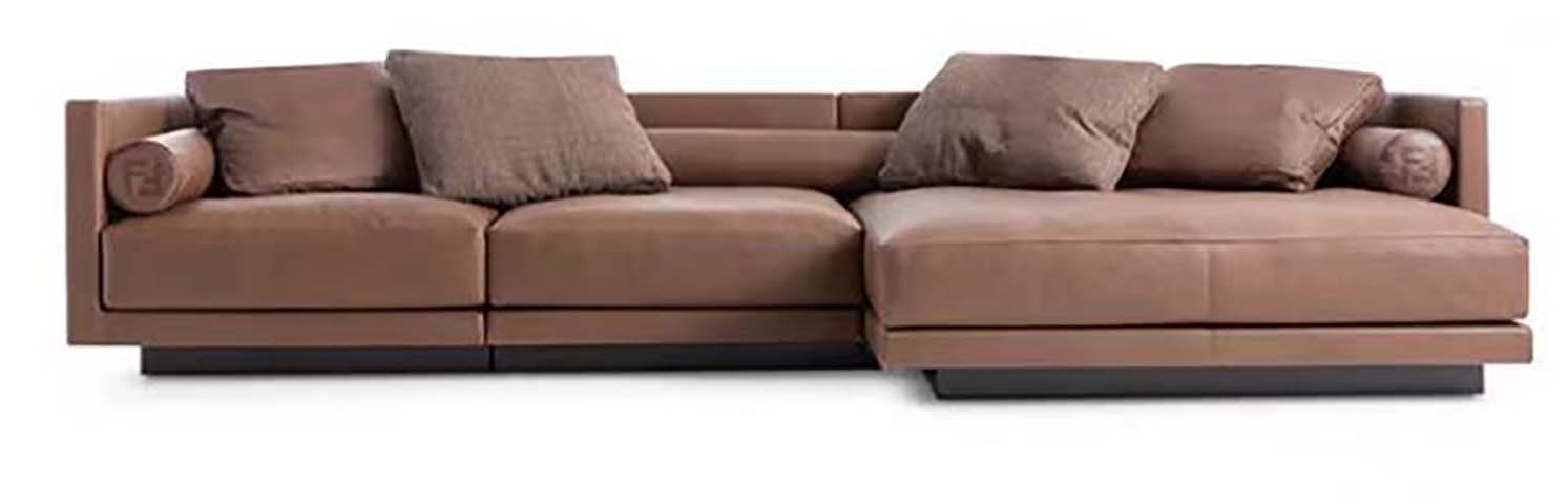 Warm Brown Full-Grain Leather L-Shaped Sectional Sofa with Right Chaise