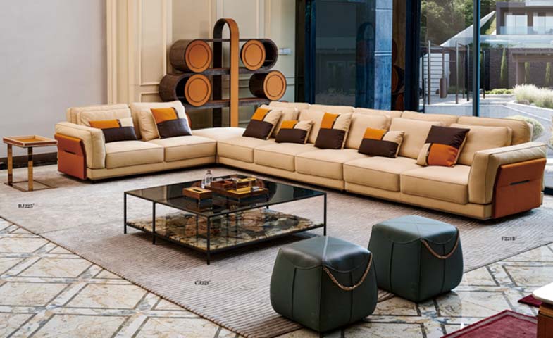 Two-Tone Beige Orange L-Shaped Leather Sectional Sofa