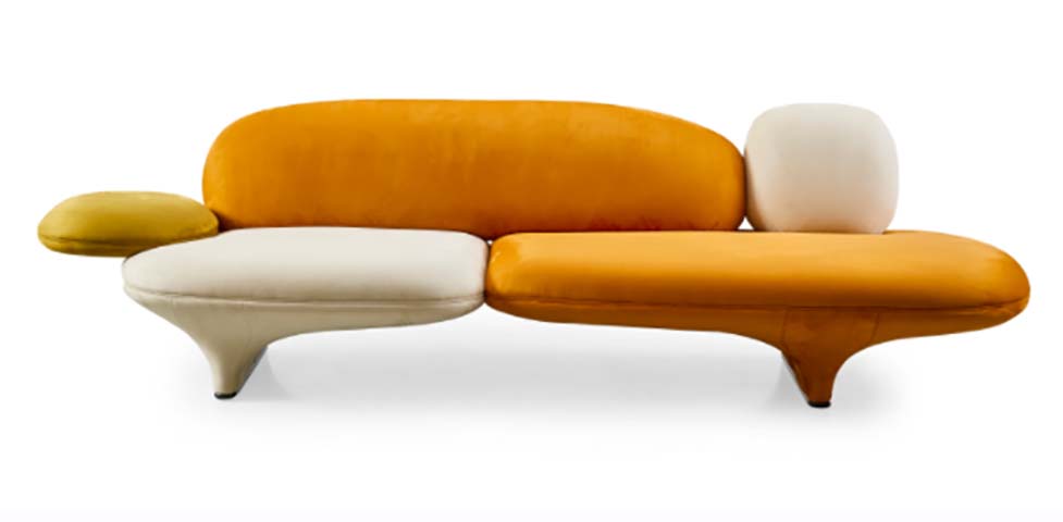 Biomorphic Color-Block Curved Two-Seat Velvet Lounge Sofa