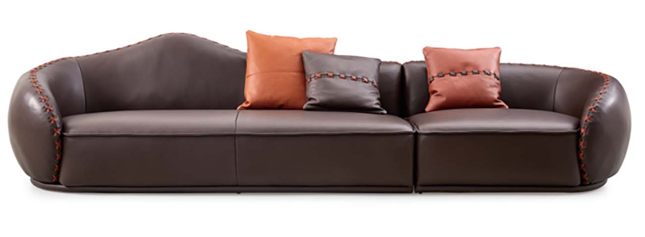 Curved Asymmetrical Back Three-Seat Leather Sofa with Contrast Stitching