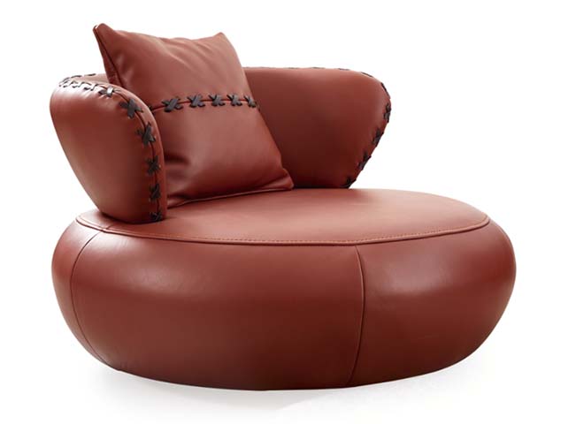 Terracotta Leather Accent Lounge Armchair with Contrast X-Stitch Trim and Matching Lumbar Pillow