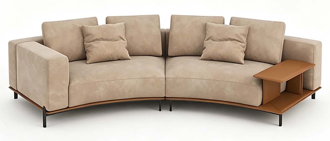 Modern Curved 4-Seat Upholstered Sofa with Integrated Side Table and Lower Shelf