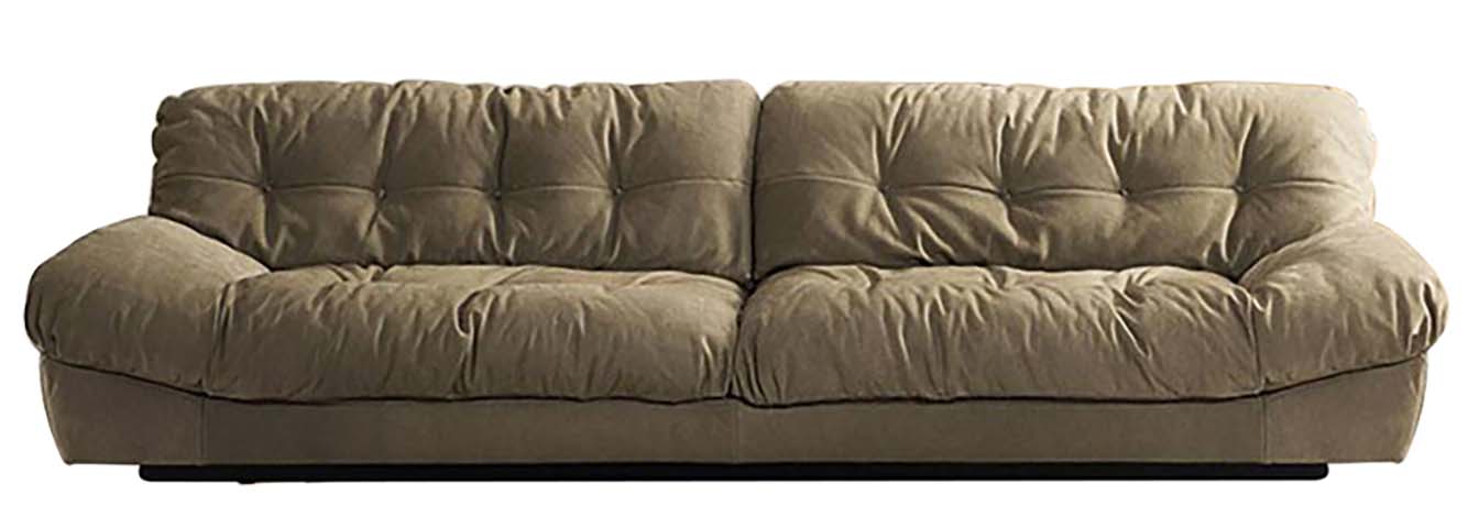 Low-Slung Tufted Khaki Four-Seater Upholstered Sofa