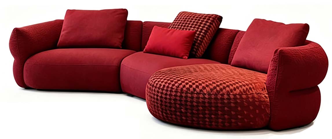 Mixed Red Upholstered Curved Sectional Sofa With Right Chaise