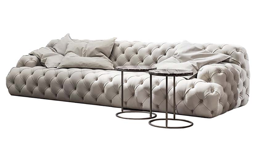 Light Gray All-Over Button Tufted Low-Profile 3-Seat Chesterfield Sofa with Pair of Round Dark Marble-Top Nesting Side Tables