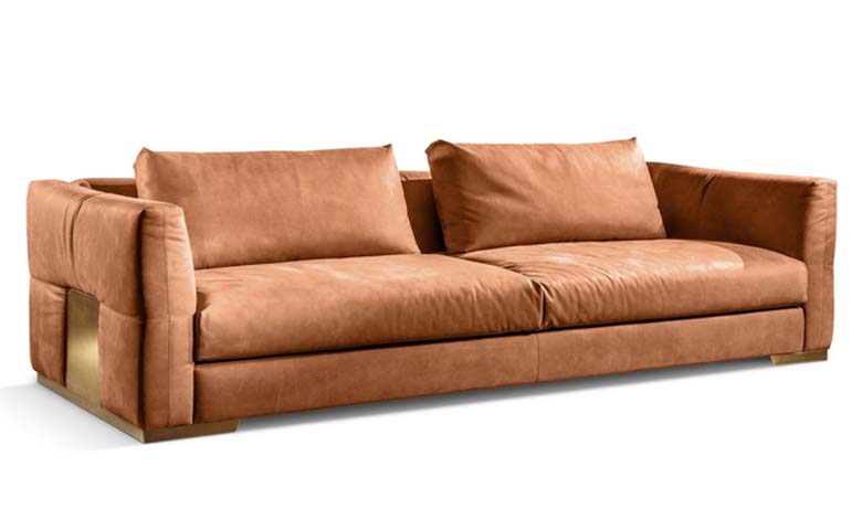 Contemporary Camel Brown Upholstered Three-Seater Sofa with Brass Accents