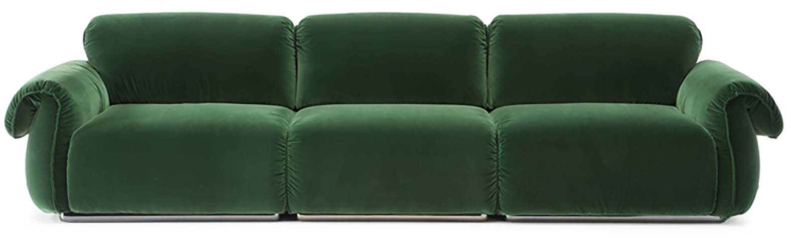 Dark Green Velvet Rolled-Arm 3-Seater Lounge Sofa