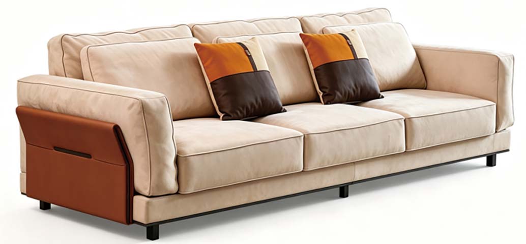 Modern Light Luxury Three-Seater Upholstered Sofa with Brown Accent Panels