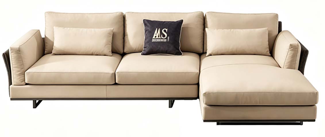 Right Chaise L-Shaped Beige Fabric Sectional Sofa with Dark Woven Accents