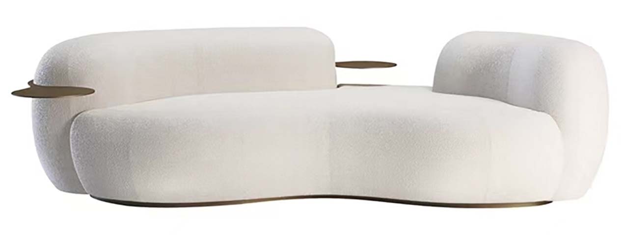 Cream Boucle Curved Kidney Lounge Sofa with Integrated Bronze Side Trays
