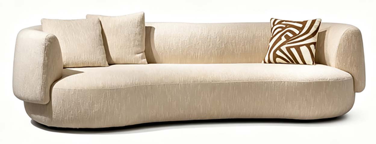 Cream Textured Fabric Low-Profile Curved 4-Seat Sofa