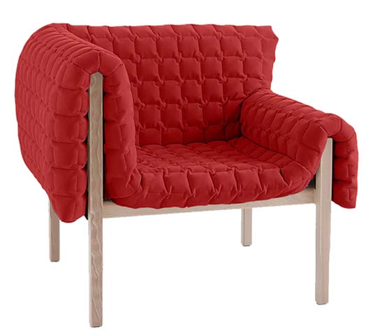 Red Grid-Quilted Upholstered Light Wood Frame Lounge Armchair