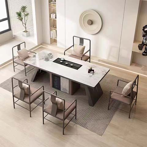 New Chinese Style Six-Seat Tea Table with Integrated Recessed Tea Tray and Dual Pedestal Bases