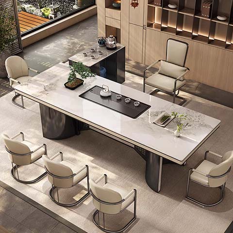 Glossy Sintered Stone Rectangular 6-Seat Tea Dining Table with Dual Cylindrical Pedestal Bases