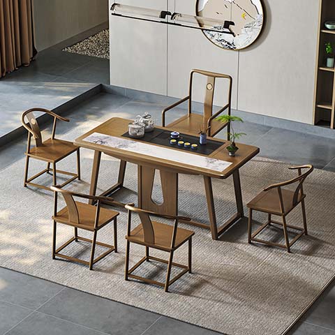 New Chinese Style Solid Wood Tea Table Set with Embedded Stone Tray