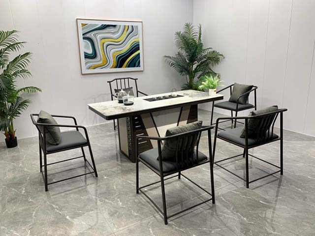 Modern Sintered Stone Top Tea Ceremony Table Set with 5 Metal Frame Armchairs
