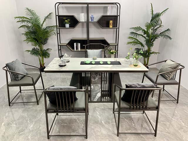 Modern Marble-Top Metal Frame Tea Table Set with Matching Chairs and Back Display Shelf