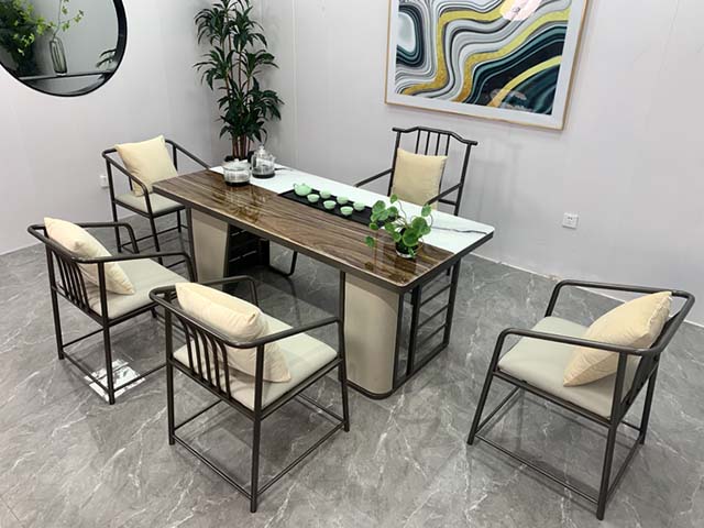 Modern Dual-Top Tea Table and 5 Matching Metal Frame Armchairs Set