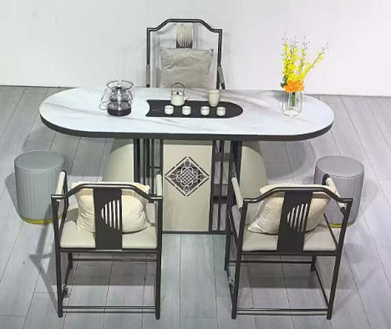 New Chinese Style Sintered Stone Oval Tea Table Set with 1 Host Chair, 2 Guest Chairs and 2 Stools