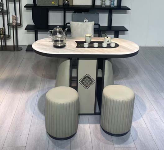 Oval Stone-Top Integrated Tea Drinking Table with Fluted Upholstered Stools