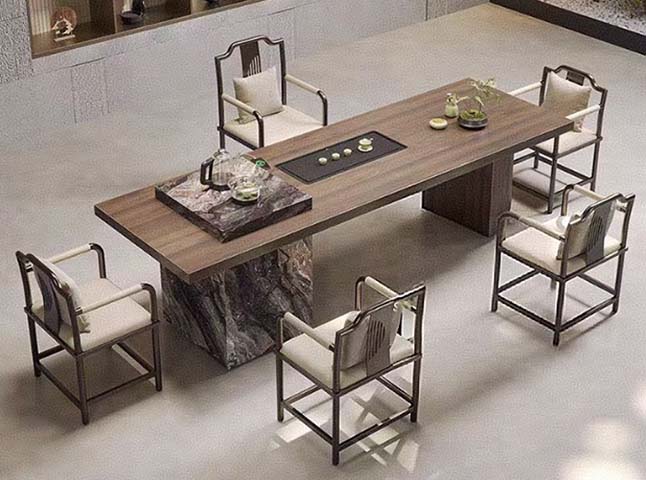 New Chinese Style Mixed Pedestal Tea Ceremony Meeting Table with Integrated Drainage Tea Tray