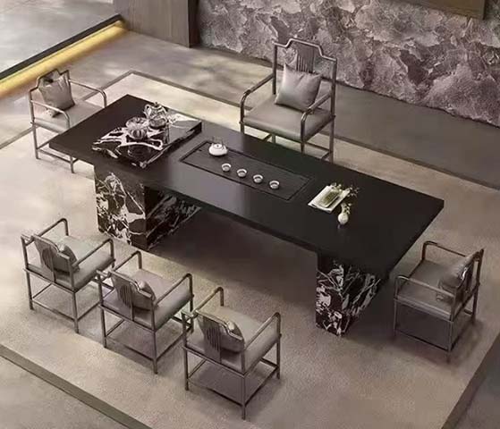 Modern Chinese Double-Pedestal Stone Tea Table with Recessed Tea Tray