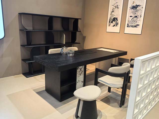 Modern Black Solid Wood Integrated Counter-Height Tea Table with Embedded Tea Tray and Open Storage Pedestal