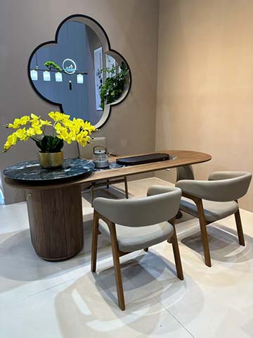 6-Seater Oval Solid Wood Dining Set with Lazy Susan and Upholstered Chairs
